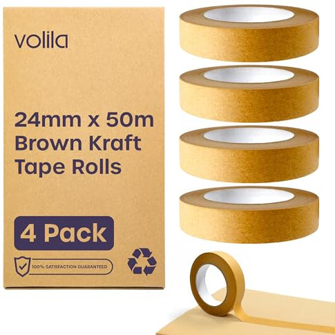 volila Nastro Imballaggio Marrone - 4x Rotoli Di Nastro Di Carta Marrone - Nastro Adesivo Pacchi Kraft Resistente Per Traslochi, Nastro Per Cornici E Imballaggio Pacchi (24mm x 50m)