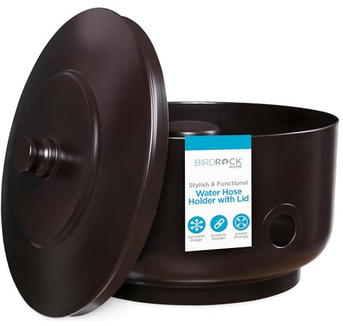 BIRDROCK HOME Soporte decorativo para manguera de agua con tapa | Capacidad para manguera de 100 pies | Caja de jardín de tierra | Acero recubierto de polvo | Ocultador de metal | Exterior o interior