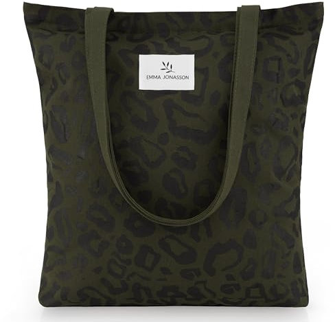 Emma Jonasson Jutebeutel mit Reißverschluss - Tote bag mit animal print, Leo Shopper, Einkaufstasche - Perfekte Geschenke für Frauen, Strandtasche, Stofftasche groß grün, Stoffbeutel, Tasche Damen