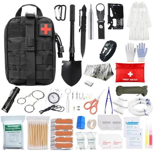 KUWUNG Erste Hilfe Set, Survival Kit mit Überlebenswerkzeug, Notfallrucksack Gefüllt, First Aid Kit, Survival Set Outdoor für Auto, Camping, Rucksackreisen, Wandern, Jagd