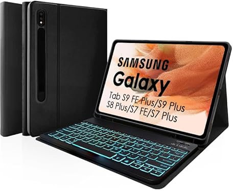 Nsyee Backlit Keyboard Case for 12.4 Samsung Galaxy Tab S10+ Plus/S9 FE+/S9+/S8+/S7+/S7 FE, Bluetooth Detachable UK Layout Keyboard for Samsung Tab 12.4 inch, Black