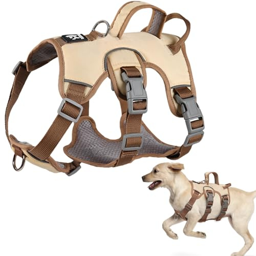 LiebeDD Pettorina Cane di Taglia Piccola Media, Regolabile Traspirante Comodo Pettorina Anti Tiro per Cani con 2 Antifuga Maniglie, per Corsa y Passeggiate, Beige+Anello al Seno, L