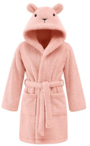 UMIPUBO Dressing Gown Girls Boys Kids 3-8 Years Robes Nightgown Loungewear 2 Pockets Adjustable Belt Hooded with Ears Sleepwear for Children Gift (Pink, 5-6Years)