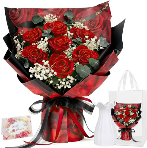 Ramo de rosas eternas con jarrón, regalo de rosas para mujer, novia, mamá. Ramo de rosas reales para el día de la madre, cumpleaños, aniversario, día de San Valentín, graduación (7 rosas)