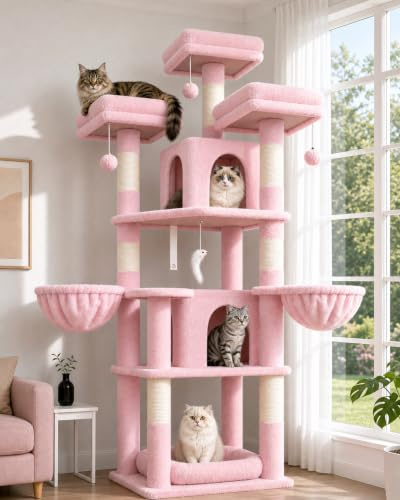 Globlazer Rosa katträd 174 cm med 3 vadderade sittpinnar, 2 nischer, 2 korgar, avtagbar scrunchi-säng, sisalstolpe, stabilt slott kattträd för 2–4 inomhuskatter (F68B, rosa)