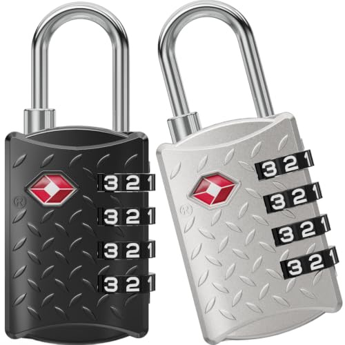 NOVLOCK TSA-godkänt bagagelås med 4-siffrig kod – räfflad, halkfri yta – kompatibelt för USA-resor – reselås för resväskor, ryggsäckar och handbagage – 2-pack, svart/silver