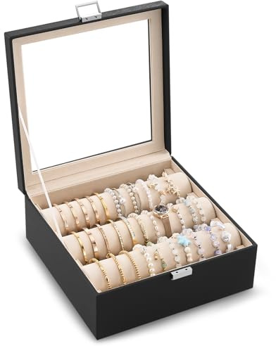 Lolalet Bracelet Display Holder with Rods for Bangles Watches, Clear Lid Jewelry Organizer Box Storage Case for Mothers Day Gifts -Black, 3 Rolls