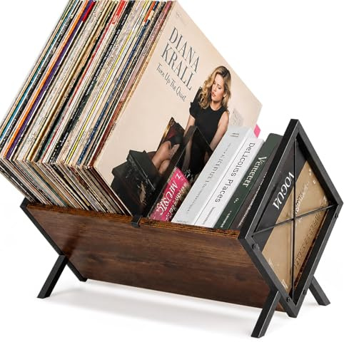 Vinyl Record Storage Rack, 80 LP Holder Adjustable Divider Vinyl Shelf | Vinyl Record Stand Display Rack, 1 Tier Album Storage Organiser for Magazine Book Files, Wood LP Holder