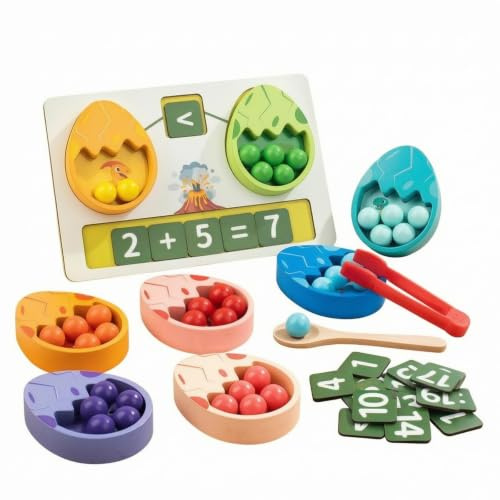Children Arithmetic Train Wooden Dinosaur Egg Sorter Number Board Counting Set With Color Matching And Bead Tools Suitable for preschool study classroom stations parent child play