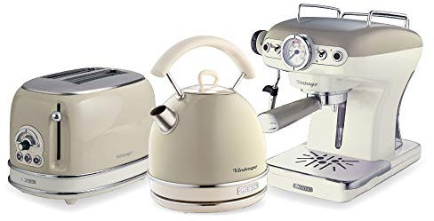 Ariete ARPK16 Retro Style Dome Kettle, 2 Slice Toaster and Espresso Machine Set, Vintage Design, Beige