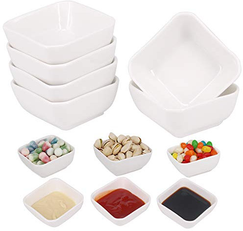YBCPACK Square Ceramic Dipping Bowls, 3oz, Set of 6 - Durable and Long-Lasting, Small Soy Sauce Dish Perfect for Dips, Snacks, Tapas, and Nibbles