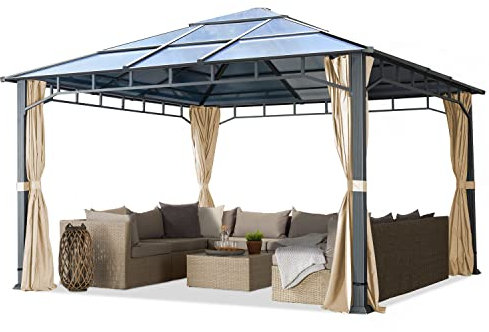 TOOLPORT Gartenpavillon 4x4 m Polycarbonat Dach ca. 8mm Pavillon 4 Seitenteile Partyzelt Champagner ca. 9x9cm Profil