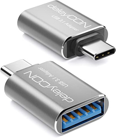 deleyCON Adattatore USB-C a USB 5 Gbit/s (2 Pezzi) - Adattatore OTG per Telefono Cellulare Thunderbolt per iPhone 17 16 15, Galaxy S25/S24/S23, MacBook, iPad, iMac, Surface, Notebook, PC, Argento
