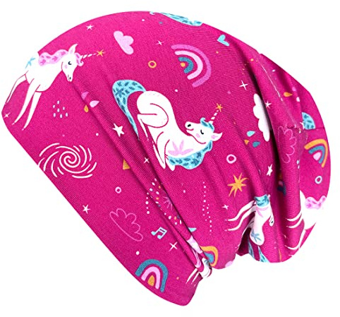 Wollhuhn Beanie per bambini – Berretto lungo a due strati in jersey, reversibile e morbido, interno grigio, realizzato a mano in Germania, tutto l'anno, Unicorni bacca, 48-50