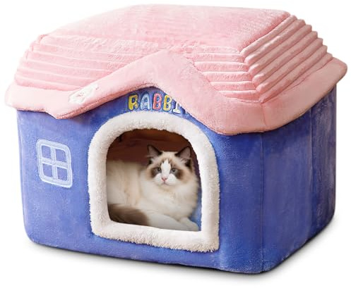 ALLSOPETS Caseta para Gatos y Perros Pequeños, Casa Plegable de Interior con Colchón Extraíble, Base Antideslizante y Diseño Caliente Acogedor para Mascotas (Azul, M)