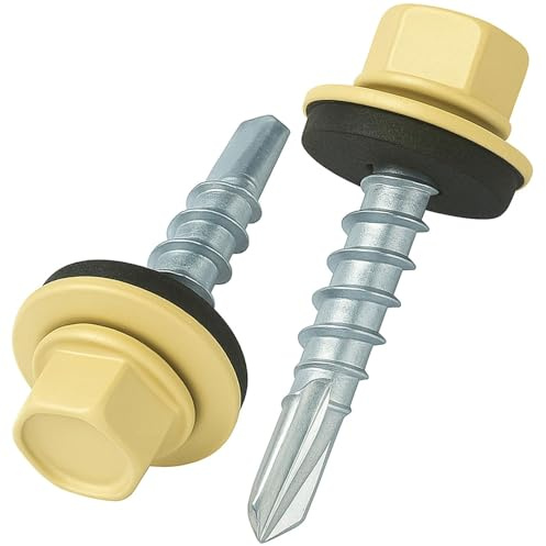 4.8 mm x 35 mm Takskruvar, Sexkantshuvud Självborrande Flerfärgad (RAL 1015 Light Ivory) Skruvar med EPDM-förseglad Bricka, Rostsäker Zinkpläterad Härdad Grov Gänga Skruv (50 stycken)