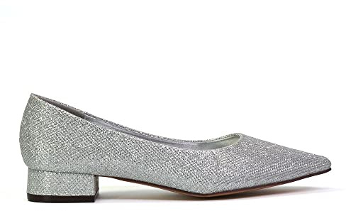 ESSEX GLAM Womens Low Heel Bridal Shoes Ladies Slip On Pointed Toe Flats Wedding Evening Party Silver Glitter Pumps Size 8
