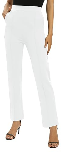EXCHIC Femmes Bureaux Casual Jambes Droites élastique Travail Pantalons Taille Haute Pantalons avec Poches(XL, Blanc)