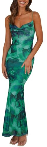 PRETTYGARDEN Women's 2026 Summer Floral Spaghetti Strap Maxi Dress Stretch Sexy Bodycon Dress Backless Slip Long Dresses (Green,Large)