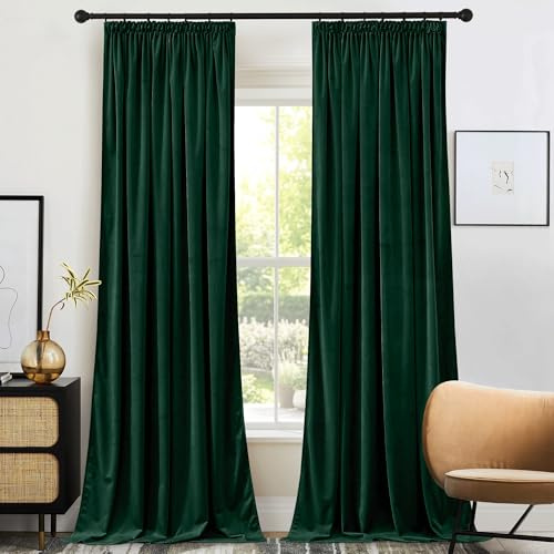 PONY DANCE Rideau en Velours - Rideaux Vert Thermiques Epais 300g/㎡ Prêt à Poser Galon Fronceur Decoration Noël Salon Chambre, L 132 x H 280 cm, Vert Foncé, Lot de 2