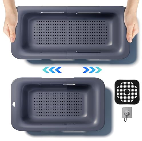 DEUXYU Spülbecken Sieb Küche, Ausziehbare abtropfsieb 34-48cm, Kunststoff Küchensieb BPA Frei, Nudelsieb, Gemüse Obst zu waschen, Ein must-have Küchenutensilien, Haushalt Sieb für Spülbecken