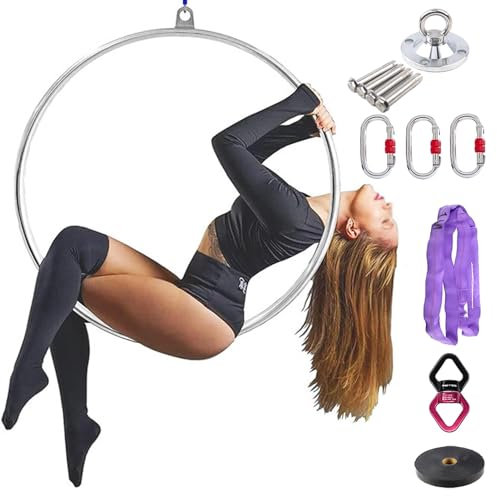 Aerial Hoop Einzelpunkt-Luftreifen für Erwachsene, Lyra-Hoop-Set für Luftfitnessgeräte, Hängender Aerial-Yoga-Ring für Heimübungen, Zirkusringe, Anfänger ( Color : Silver , Size : Diameter 80cm(31 1/2