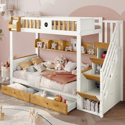 Dolamaní Letto a castello 90 x 200 cm con scala e 2 cassetti, letto a soppalco con lavagna, scaffali e scaffali, telaio in legno di pino e MDF, lettino con 4 armadietti, griglia di protezione (D +