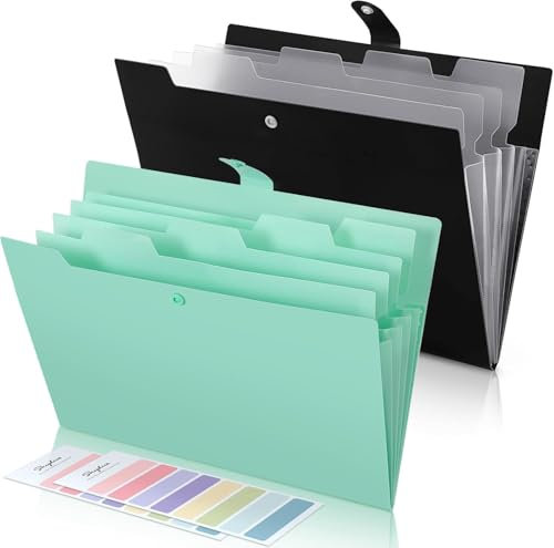 SKYDUE Pack of 2 fan folders, folders, file folder, A4 document folder with labels, 5 compartments sorting folder, office school folder (green + black)