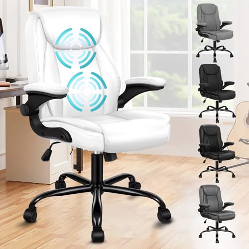 ALFORDSON Ergonomisk Masserande Mid-Rygg-Kontorsstol Med Hopfällbart Armstöd, Studiostol Av Pu Läder Med Gaslyftning, Spelstol, Vit