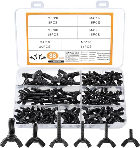 88 Pcs Vis Boulons à Papillon à Ailes, M4 M5 M6 M8 Boulons Vis à Oreilles, Vis à Ailes Papillon, Boutons de Poignée, Bouton Vis de Serrage, Vis à Pouce pour équipement de Mécanique (88 noir)