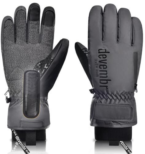 devembr Skihandschuhe mit Handgelenkschutz und Untermanschetten-Design, Snowboardhandschuhe Touchscreen, Grau, XS