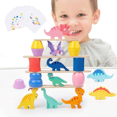 DAKLUNAR Dinosaurier-Stapelspielzeug aus Holz, Montessori Spielzeug ab 3 4 5 6 Jahre, Balance Stapeln Spielzeug, Stapelspiel, Dinosaurier Stapelsteine, Weihnachts-Geschenke für Kinder