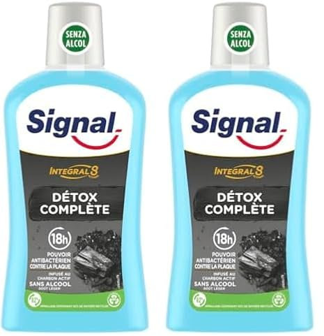 SIGNAL - Bain de Bouche Intégral 8 Détox Complète - Infusé au Charbon Actif - Enrichi en Zince Minéral pour une éfficacité antibactérienne pendant 18h - Sans Alcool - 500ml (Lot de 2)