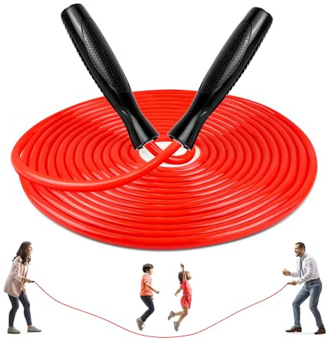 LeapBeast Groups hopphopphoppning av rep, flerspelarrep som hoppar över bästa laget långt hopprep med trähandtag för skolsport och utomhusaktiviteter 5 meter – 7 meter – 10 meter (D-mod. - Röd, 5 m)