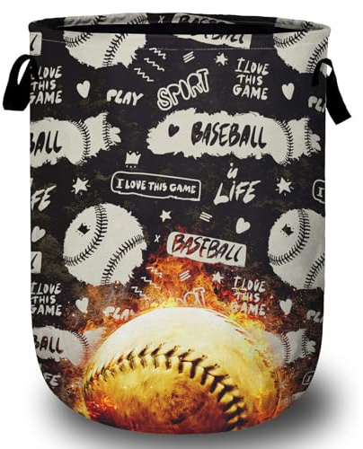 Baseball on Fire Laundry Basket with Sturdy Handles, Ball Game Collapsible Oxford Cloth Laundry Hamper Organizer Basket for Bathroom Bedroom 15.7x20 Inch