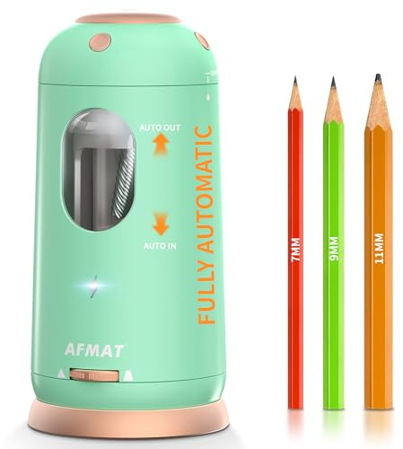 AFMAT Fully Automatic Pencil Sharpener, Portable Electric Sharpener for Coloured Pencil 7-11.5mm, Auto Stopped, Ringdots Electric Pencil Sharpeners for Home Office School Classroom Kids Use,Green PSC8