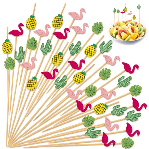 100 Stück Holzspieße,Holz Cocktailspieße,Fingerfood Spieße mit Niedlicher Deko,12cm Zahnstocher Holz,Cocktail Deko,Partyspieße,Obstspieße,Cocktail Sticks Für Grillgut,Desserts,Obst,Cocktails