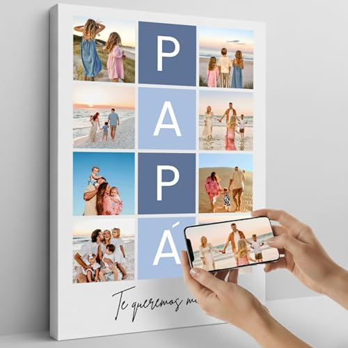 Cristal Plaque - Lienzo Personalizado con 8 Fotos y Texto “PAPÁ” | Cuadro Decorativo en Bastidor de Madera | Regalo Original para Padre | Decoración para Salón o Dormitorio | Impresión Premium