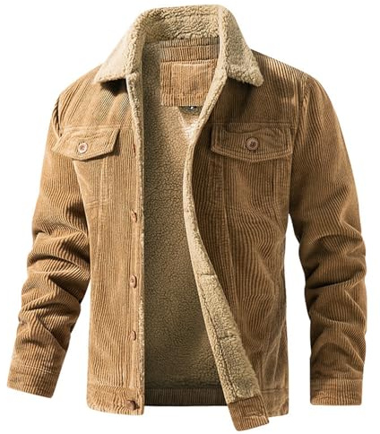 Manchesterjacka i fleece, cargojacka, vinter, varm knäppknapp lastbilsjacka förtjockad sherpa-fodrade rockar med 5 fickor, Khaki, XXL