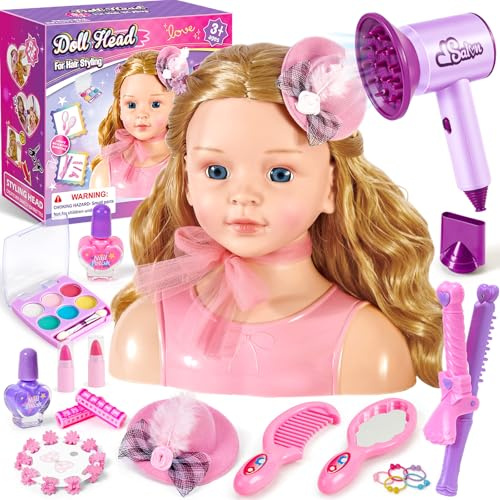 vamei Tête à Coiffer Enfant 28PCS – Tête de Poupée Maquillage et Coiffure, avec Sèche-Cheveux, Fer à Boucler, Accessoires Cheveux, Maquillage Lavable, Kit Salon Jouet Fille 3 4 5 6 7 8 Ans