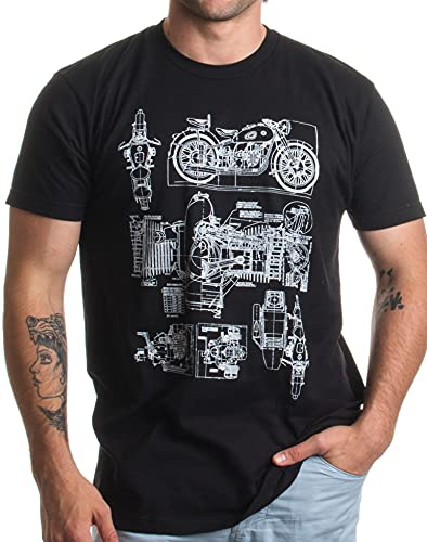 Ann Arbor T-shirt Co. Adult M-72 Motorcycle Engine Blow Out Diagram | Mechanic Schematic Art, XL, Black