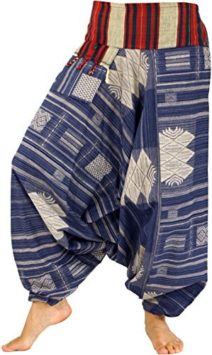 GURU SHOP Haremshose mit Breitem Gewebtem Bund, Fransentasche, Ikat Thai Pluderhose - Blau, Damen, Baumwolle