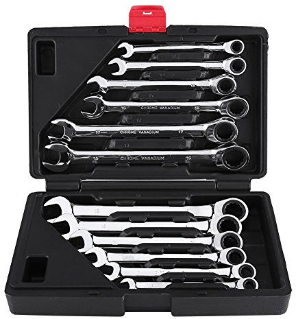 Juego de 12 llaves de carraca, llaves combinadas de carraca, herramientas manuales con funda de transporte, color negro, 8-19 mm