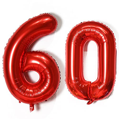 Luftballons Zahl 60, Zahl ballon 60 rot Luftballons 60. Geburtstag deko frau Folienballon 60 Zahlballons 60 rot XXXL 40 Riese Aufblasbar Helium Ballon 60 jahre Geburtstag Deko frauen rot(60)