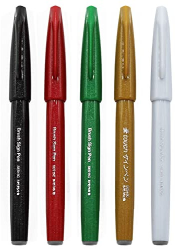 Pentel Brush Sign Pen SES15C - Calligraphy Brush Nib - Fibre Tip - Christmas Tones - Set of 5