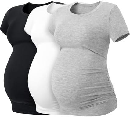 LAPASA Women's Maternity Tops, Soft Modal Cotton Pregnancy Tshirts, Side Ruched Crew Neck Short Sleeve Tees L55, Multicolor 1, XXL