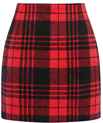 IDEALSANXUN Mini Jupe Moulante à Carreaux Taille Haute en Laine pour Femme, Rouge 02., Taille L