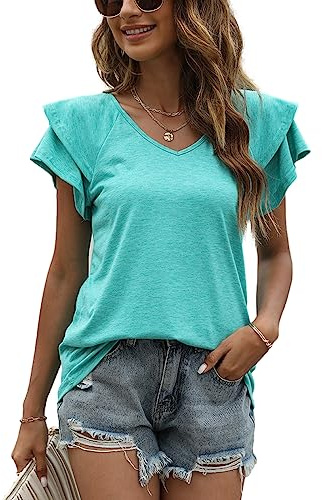Dam sommar T-shirt med V-ringning blusar och kortärmade volangblusar för dam topp chic och elegant, A-ljusgrön, S