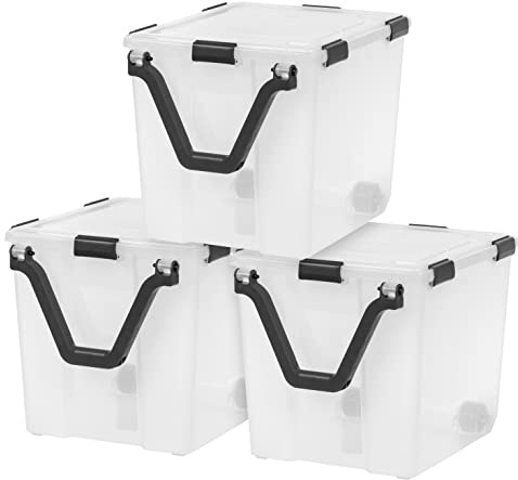 IRIS USA 106 Quart WEATHERPRO Wheeled Plastic Storage Bin Tote Organizing Container with Durable Lid and Seal and Secure Latching Buckles, Clear/Black, 3 Pack
