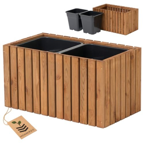 HOMERZO Pflanzkübel Holz – imprägniert wetterfest – mit herausnehmbarem Kunststoffeinsatz – Hochbeet Blumenkasten für Balkon Garten Terrasse (Vertikal-braun 67x36 H35 cm)